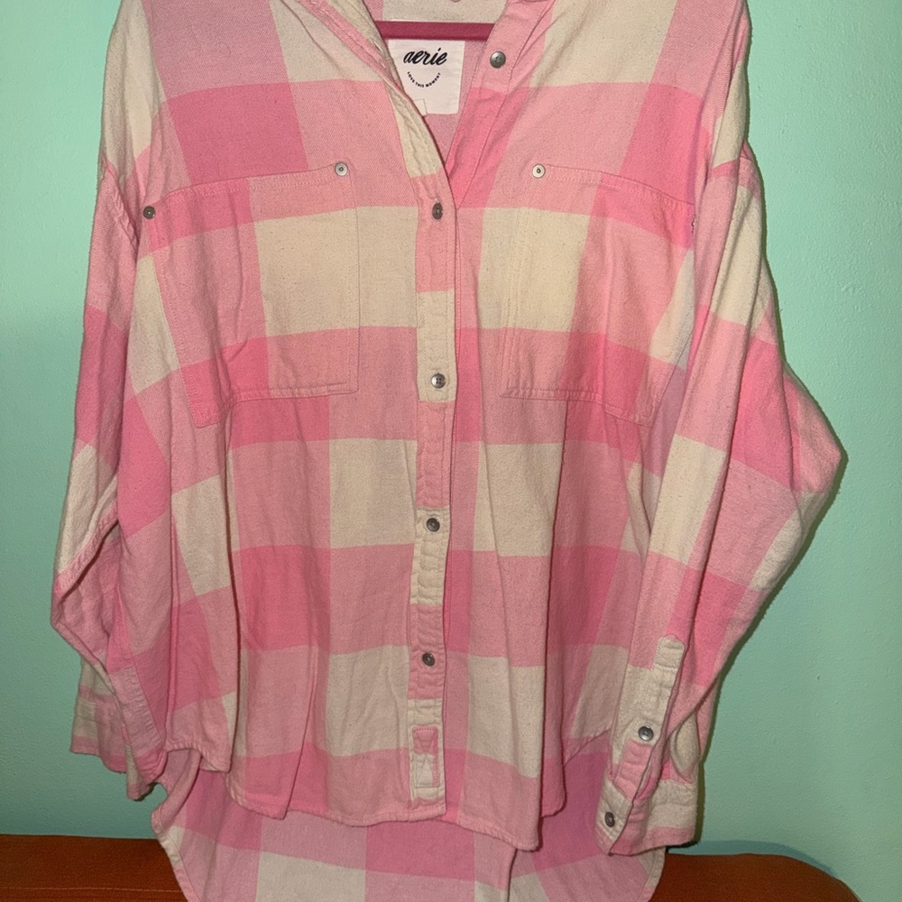 Aerie Pink button up Checkered flannel Shirt